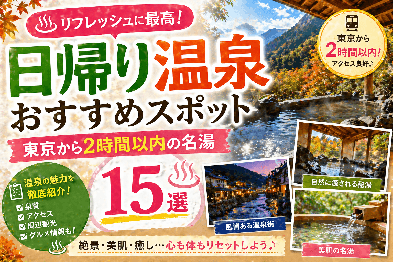 日帰り温泉おすすめスポット|東京から2時間以内の名湯15選